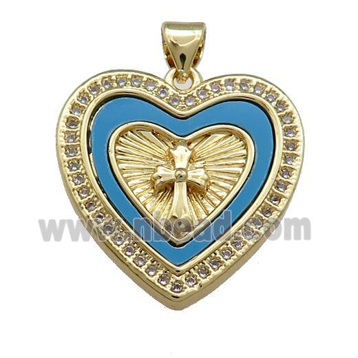 Copper Heart Pendant Pave Blue Shell Zircon Cross 18K Gold Plated