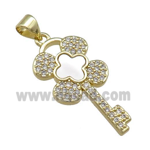 Copper Key Pendant Pave Shell Zircon Clover 18K Gold Plated