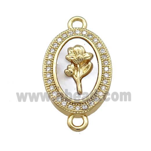Copper Flower Connector Pave Shell Zircon Oval 18K Gold Plated