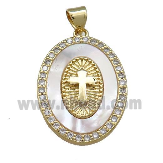 Copper Oval Pendant Pave Shell Zircon Cross Medal Charms 18K Gold Plated
