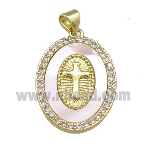 Copper Oval Pendant Pave Shell Zircon Cross Medal Charms 18K Gold Plated