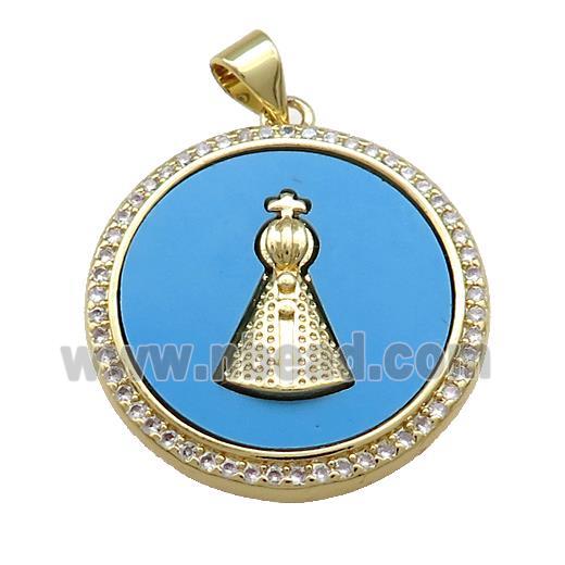 Copper Circle Pendant Pave Blue Shell Zircon Pope Charms 18K Gold Plated