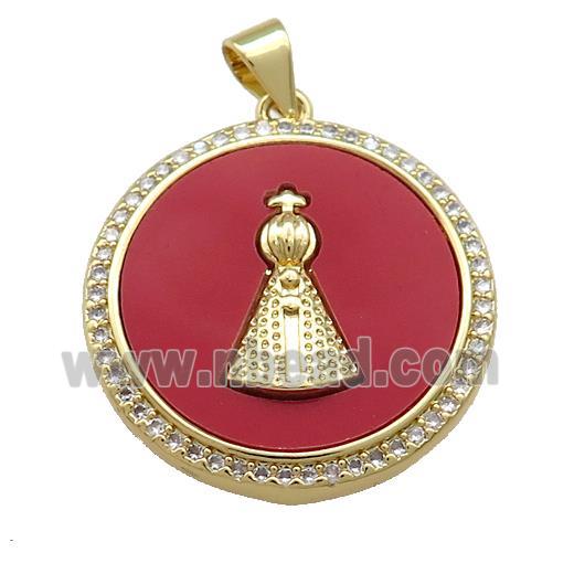 Copper Circle Pendant Pave Red Shell Zircon Pope Charms 18K Gold Plated