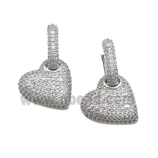 Copper Hoop Earrings Heart Pave Zircon Platinum Plated