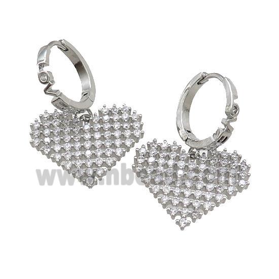 Copper Hoop Earrings Heart Pave Zircon Platinum Plated