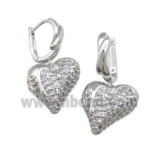 Copper Latchback Earrings Heart Pave Zircon Platinum Plated