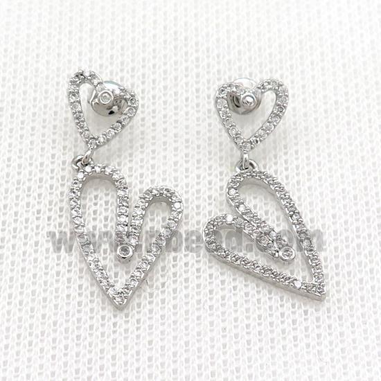 Copper Stud Earrings Heart Pave Zircon Platinum Plated