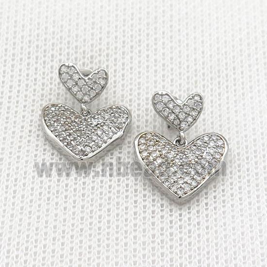Copper Stud Earrings Heart Pave Zircon Platinum Plated