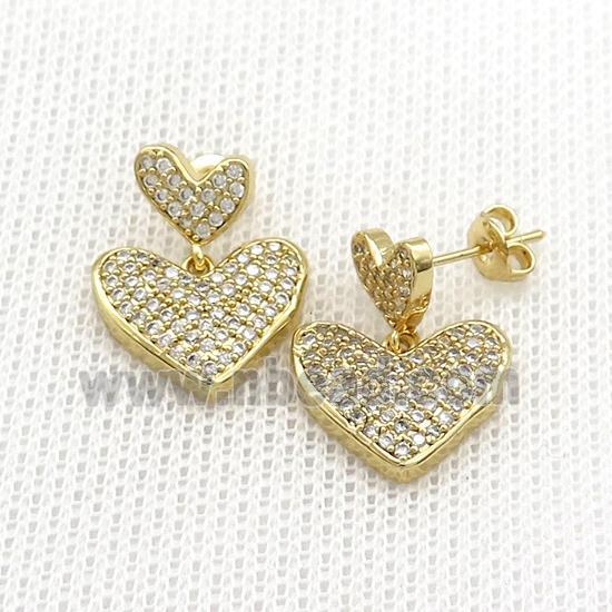 Copper Stud Earrings Heart Pave Zircon Gold Plated