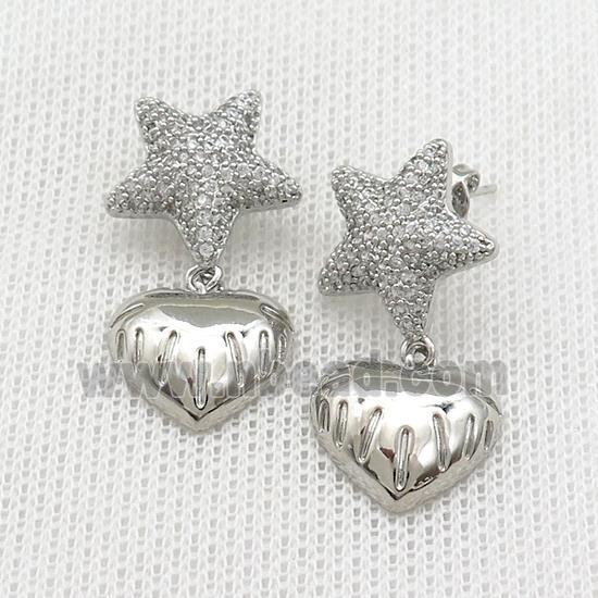 Copper Star Stud Earrings Pave Zircon Heart Platinum Plated