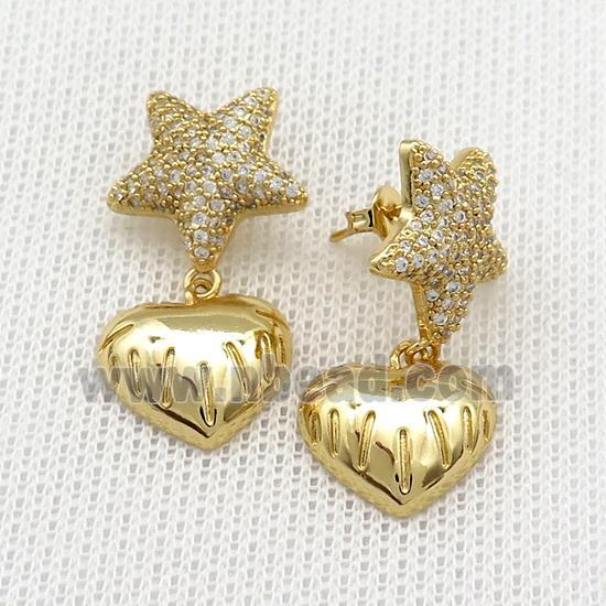 Copper Star Stud Earrings Pave Zircon Heart Gold Plated