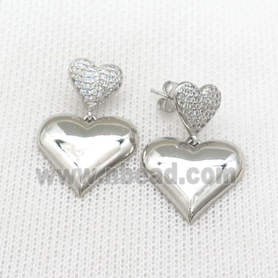 Copper Heart Stud Earrings Pave Zircon Platinum Plated