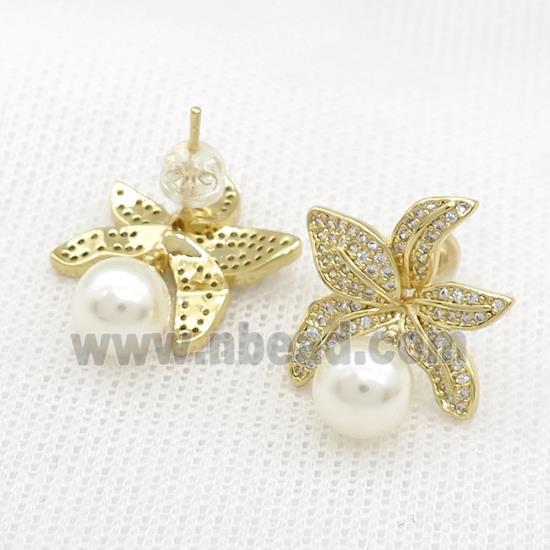 Copper Flower Stud Earrings Pave Zircon Pearlized Plastic Gold Plated