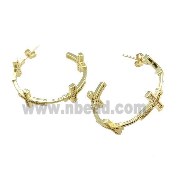 Copper Stud Earrings Cross Pave Zircon Gold Plated