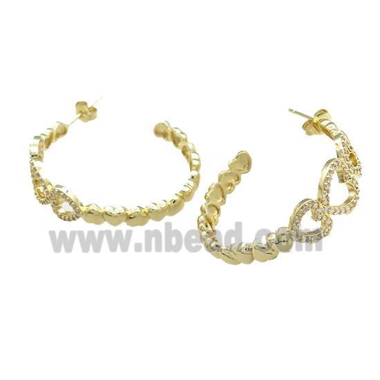 Copper Stud Earrings Heart Pave Zircon Gold Plated
