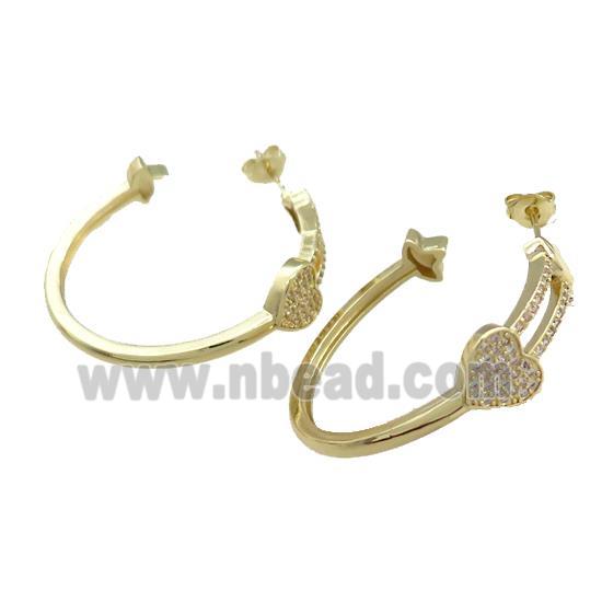 Copper Stud Earrings Pave Zircon Heart Gold Plated