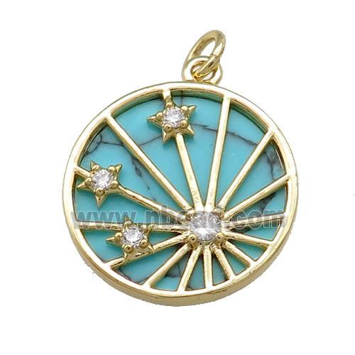 Copper Sun Ray Pendant Pave Synthetic Turquoise Zircon Star Gold Plated