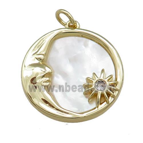 Moon Charms Copper Circle Pendant Pave Shell Star Gold Plated