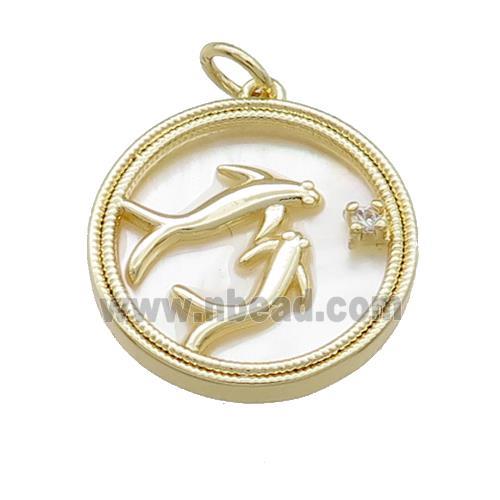 Dolphins Charms Copper Circle Pendant Pave Shell Gold Plated