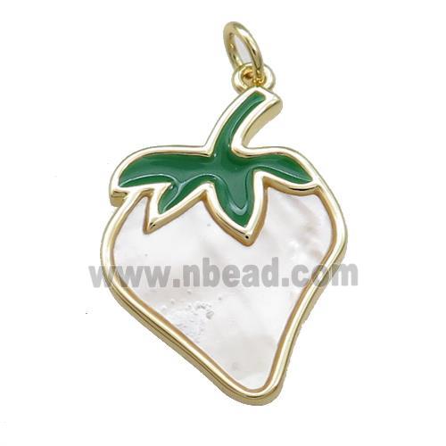 Peach Fruit Charms Copper Pendant Pave Shell Green Enamel Gold Plated