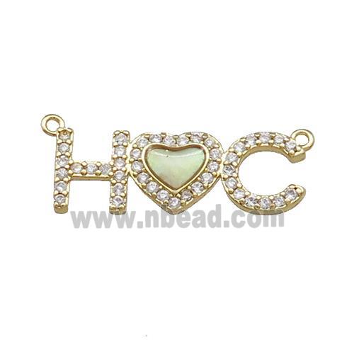 Copper Heart Pendant Pave Shell Zircon Letter 2loops Gold Plated