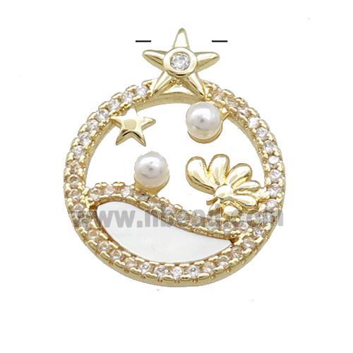 Copper Circle Pendant Pave Shell Zircon Star Flower Gold Plated
