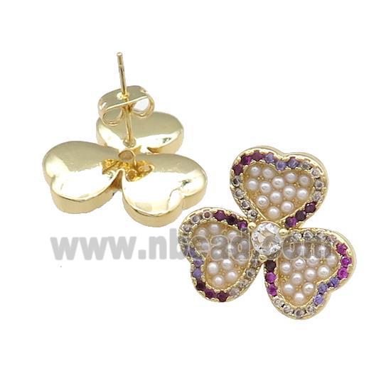 Copper Clover Stud Earrings Pave Pearlized Shell Zircon Gold Plated
