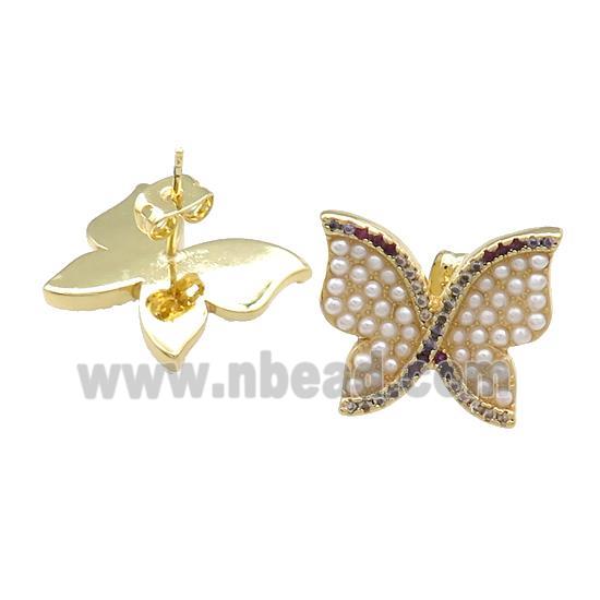 Copper Butterfly Stud Earrings Pave Pearlized Resin Zircon Gold Plated