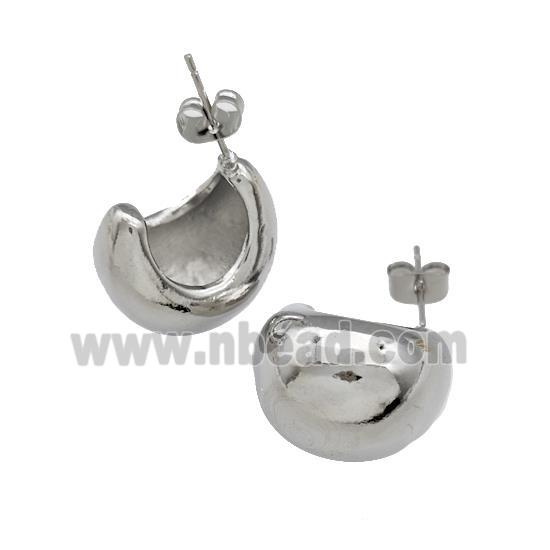 Copper Dome Stud Earrings Crescent C-shape Platinum Plated