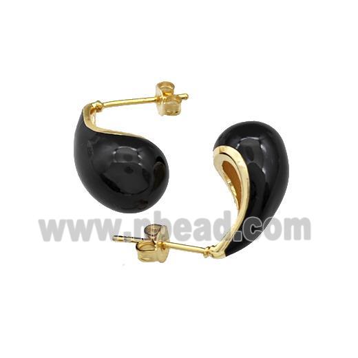 Copper Teardrop Stud Earrings Black Enamel Gold Plated