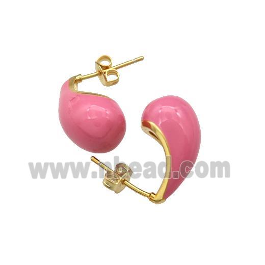 Copper Teardrop Stud Earrings Pink Enamel Gold Plated