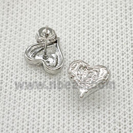 Copper Heart Stud Earrings Hammered Platinum Plated