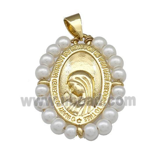 Virgin Mary Charms Copper Oval Pendant Prayer With Pearlized Resin Wire Wrapped Gold Plated
