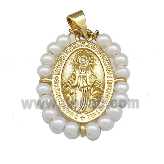 Virgin Mary Charms Copper Oval Pendant With Pearlized Resin Wire Wrapped Gold Plated