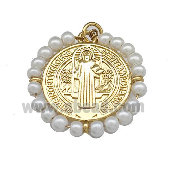 Saint Jude Charms Copper Circle Pendant With Pearlized Resin Wire Wrapped Gold Plated