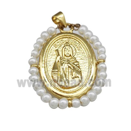 Saint Jude Charms Copper Oval Pendant With Pearlized Resin Wire Wrapped Gold Plated