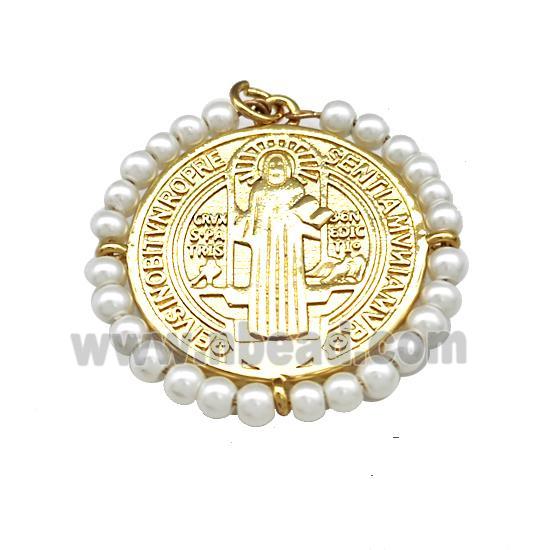 Saint Jude Charms Copper Circle Pendant With Pearlized Resin Wire Wrapped Gold Plated