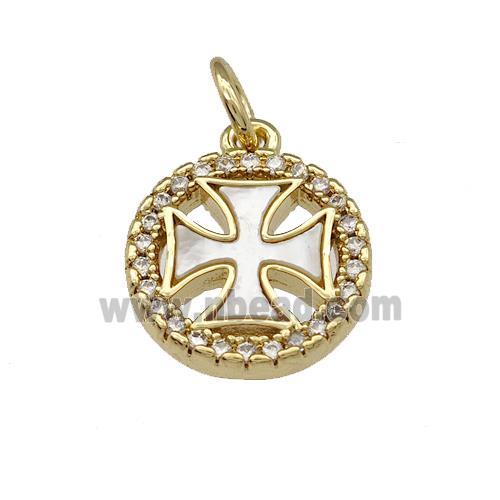 Copper Coin Pendant Pave Shell Zirconia Cross 18K Gold Plated