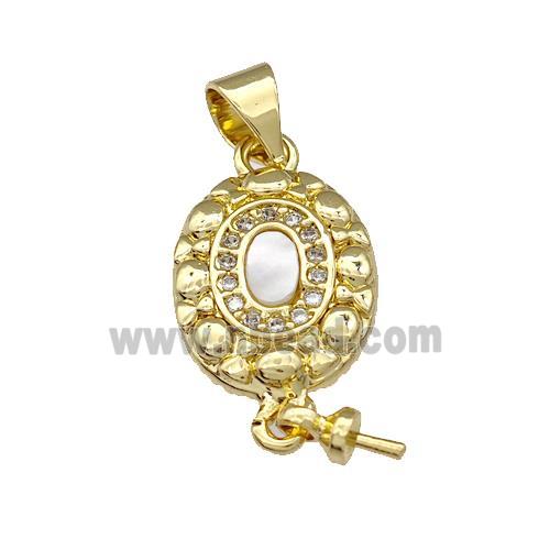 Copper Oval Pendant Pave Shell Zircon With Bail 18K Gold Plated