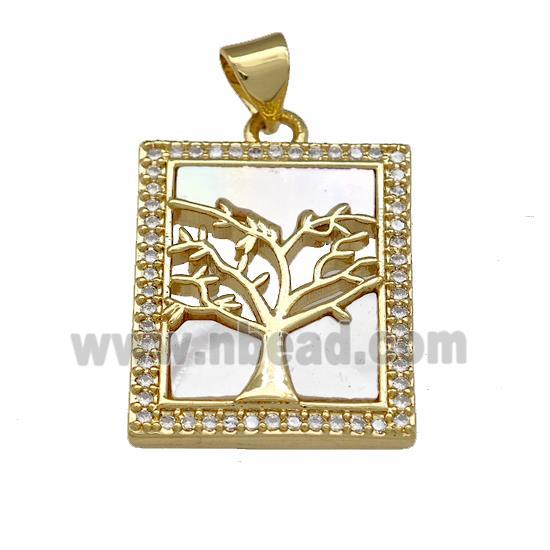Copper Tree Pendant Pave Shell Zirconia Rectangle 18K Gold Plated