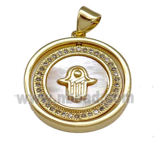 Copper Circle Pendant Pave Shell Zirconia Hamsahand 18K Gold Plated