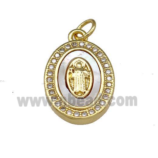 Jesus Charms Copper Oval Pendant Micro Pave Shell Zirconia 18K Gold Plated