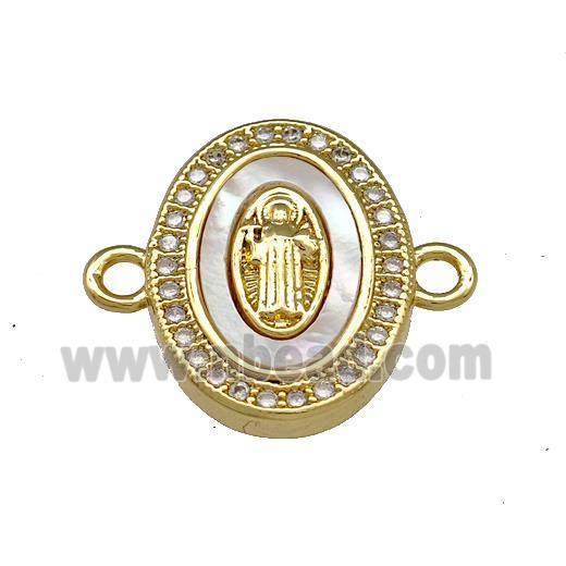 Jesus Charms Copper Oval Connector Micro Pave Shell Zirconia 18K Gold Plated