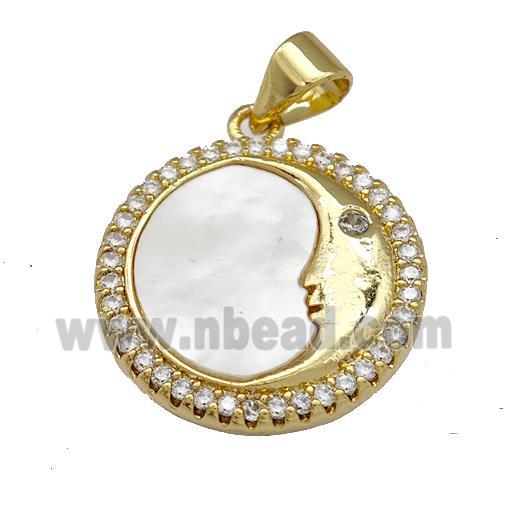 Moon Charms Copper Circle Pendant Micro Pave Shell Zirconia 18K Gold Plated