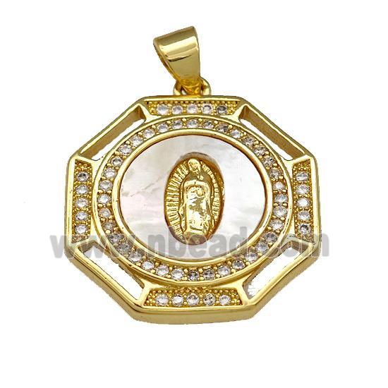Virgin Mary Copper Pendant Pave Shell Zirconia Polygon 18K Gold Plated
