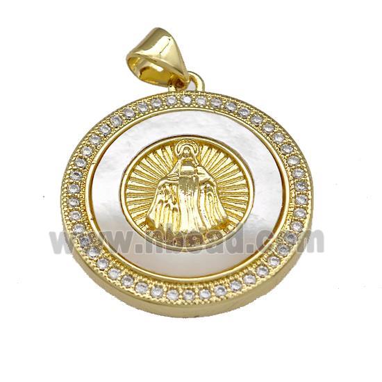 Virgin Mary Copper Pendant Pave Shell Zirconia Circle 18K Gold Plated