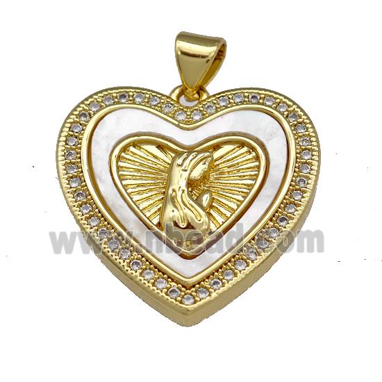 Virgin Mary Copper Heart Pendant Pave Shell Zirconia Prayer 18K Gold Plated