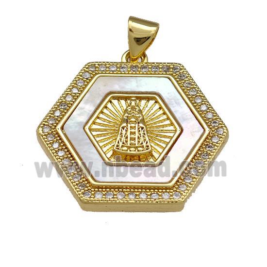 Virgin Mary Charms Copper Hexagon Pendant Pave Shell Zirconia 18K Gold Plated
