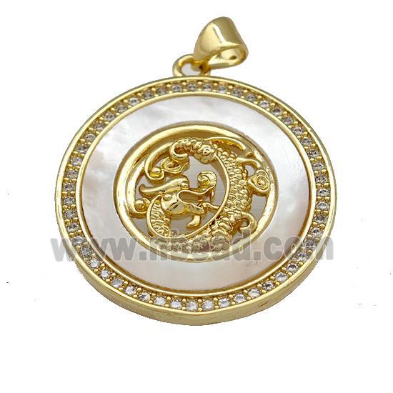 Dragon Charms Copper Circle Pendant Pave Shell Zirconia 18K Gold Plated
