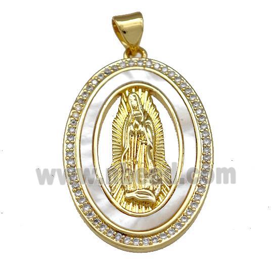 Virgin Mary Charms Copper Oval Pendant Pave Shell Zirconia 18K Gold Plated